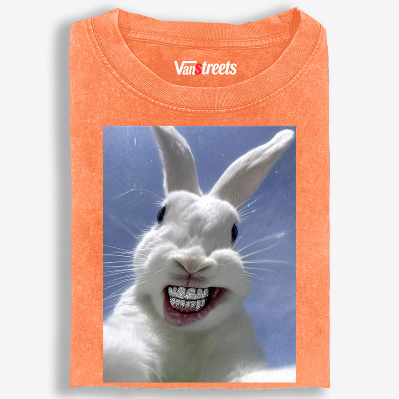 Diamond Teeth Rabbit Retro Washed T-Shirt | 100% Cotton | Streetwear Essential