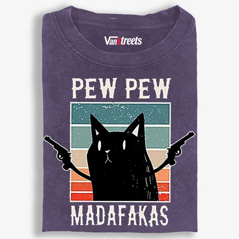 "Pew Pew Madafakas" Black Cat Retro Washed T-Shirt | 100% Cotton | Streetwear Essential
