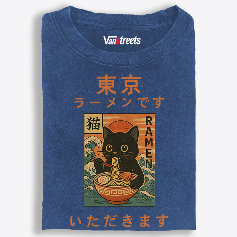 Tokyo Ramen Cat Retro Washed T-Shirt | 100% Cotton | Streetwear Essential