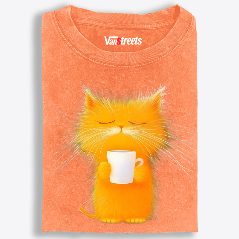 Fluffy Orange Cat with Coffee Retro Washed T-Shirt | 100% Cotton | Streetwear Essential
