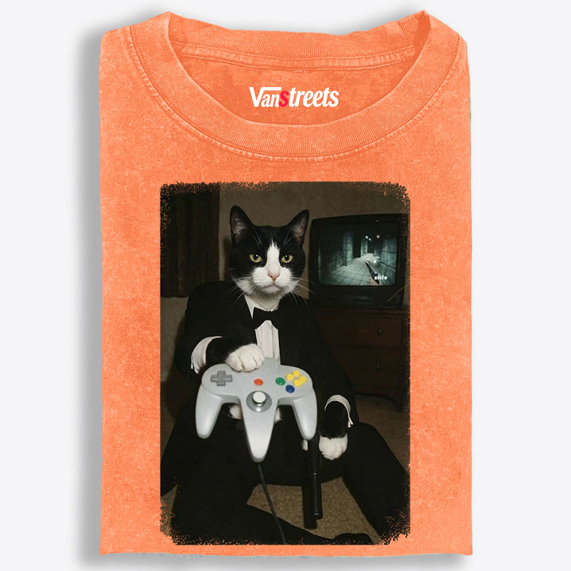 Vintage Tuxedo Cat Gamer Graphic Edition Retro Washed T-Shirt | 100% Cotton | Streetwear Essential