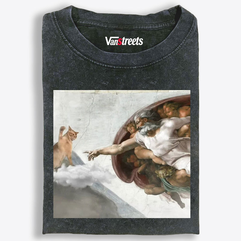 Cat Parody of "The Creation of Adam" Art Retro Washed T-Shirt | 100% Cotton | Streetwear Essential