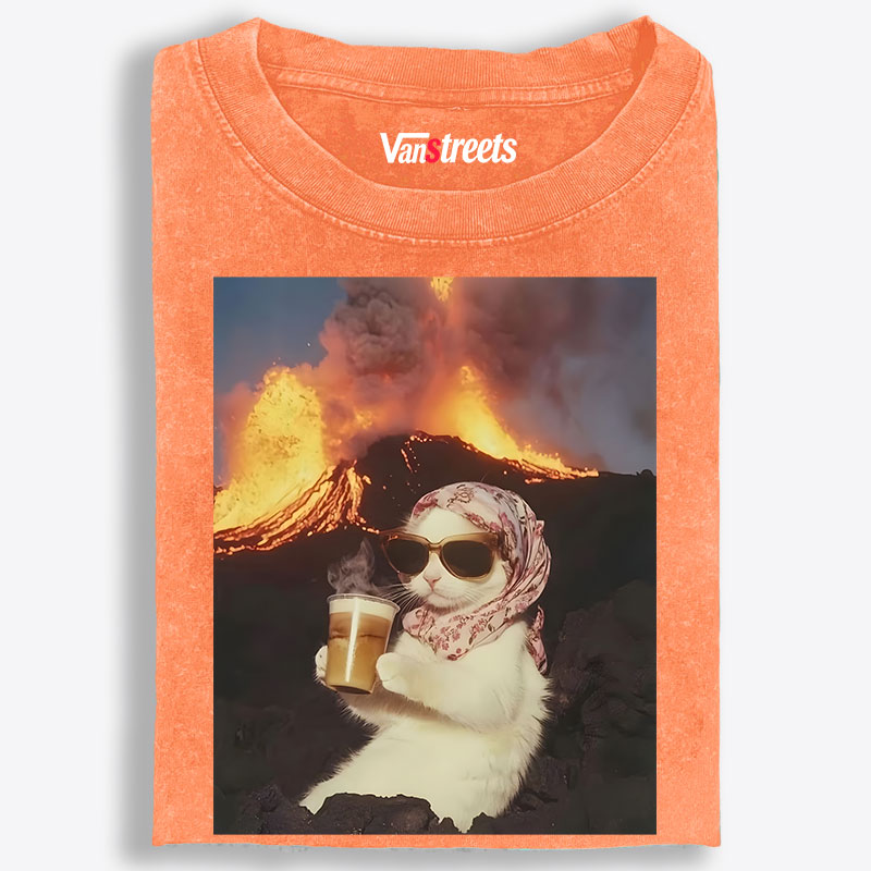 Volcano Coffee Cat Meme Retro Washed T-Shirt | 100% Cotton | Streetwear Essential