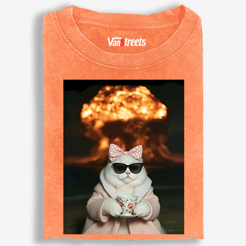 Cat with Tea & Nuclear Explosion Retro Washed T-Shirt | 100% Cotton | Streetwear Essential
