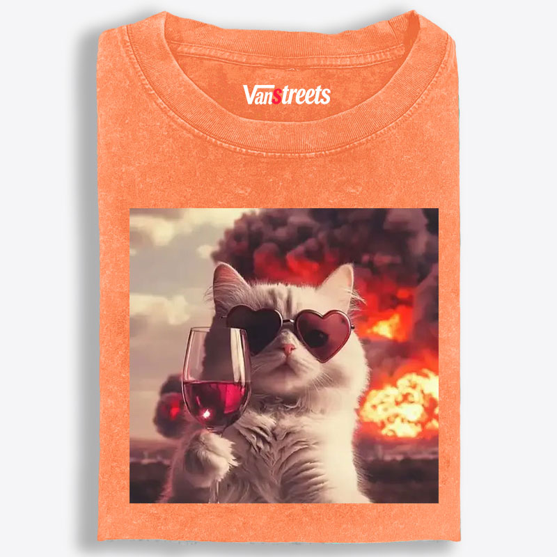 Cat with Wine & Explosion Meme Retro Washed T-Shirt | 100% Cotton | Streetwear Essential
