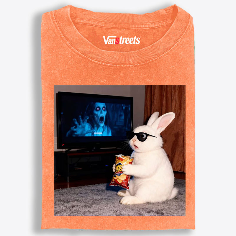 Horror Movie Watching Bunny Retro Washed T-Shirt | 100% Cotton | Streetwear Essential