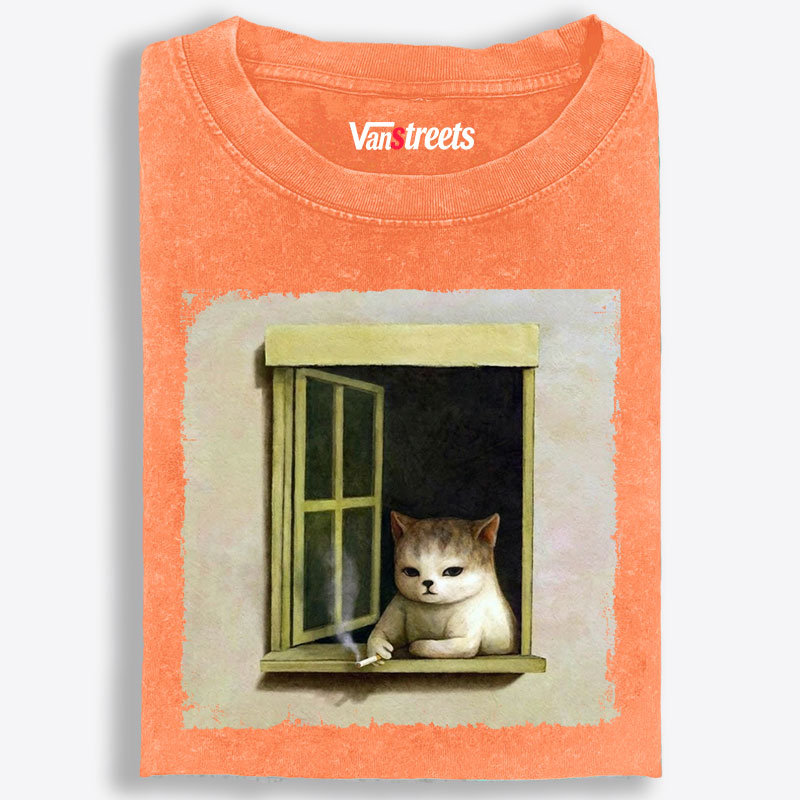Vintage Solitude Cat Illustration Retro Washed T-Shirt | 100% Cotton | Streetwear Essential