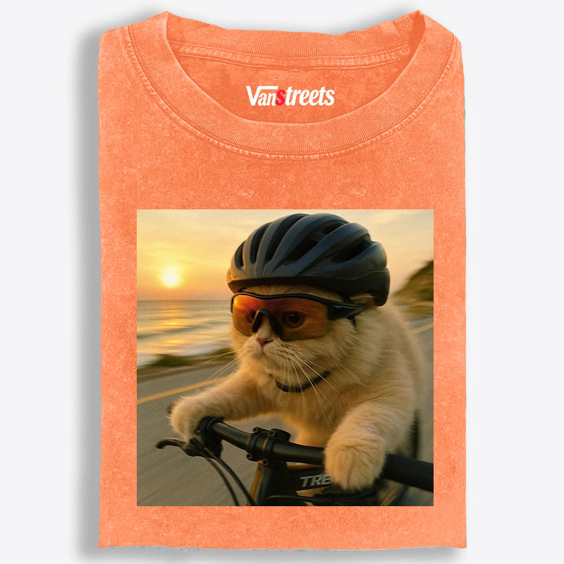 Cycling Cat at Sunset Retro Washed T-Shirt | 100% Cotton | Streetwear Essential