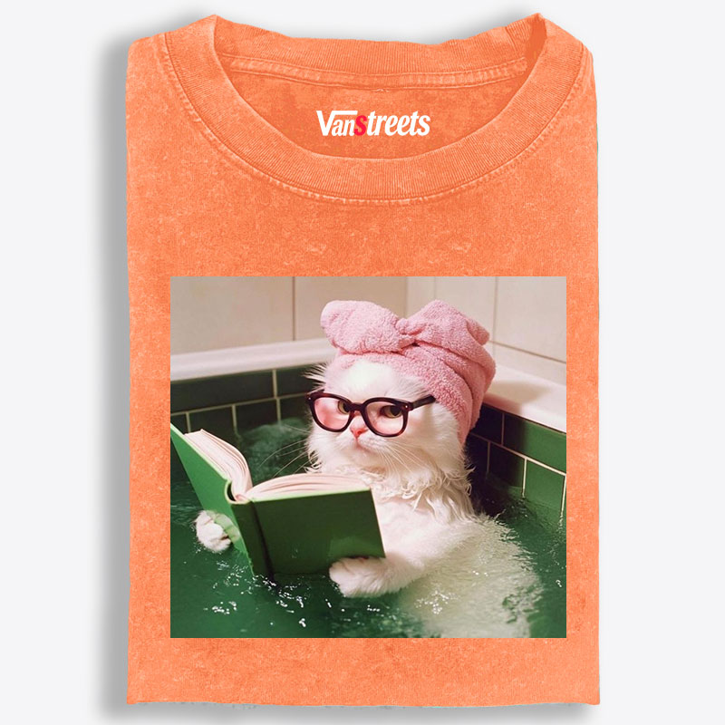 Bathtub Reading Cat Aesthetic Retro Washed T-Shirt | 100% Cotton | Streetwear Essential