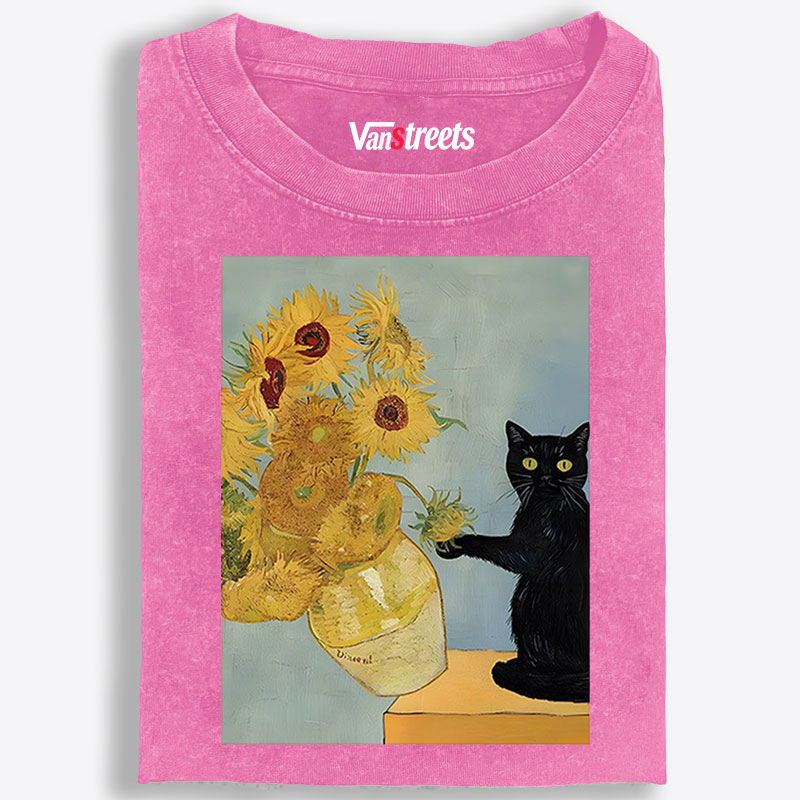 Playful Cat Meets Van Gogh Sunflowers Retro Washed T-Shirt | 100% Cotton | Streetwear Essential