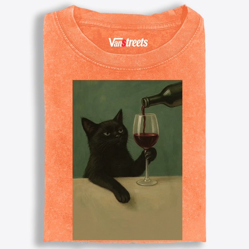 Black Cat with Wine Retro Washed T-Shirt | 100% Cotton | Streetwear Essential
