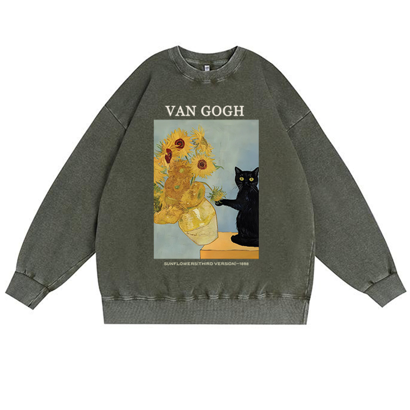 Playful Cat Meets Van Gogh Sunflowers Retro Premium Washed Cotton Crewneck Sweatshirt