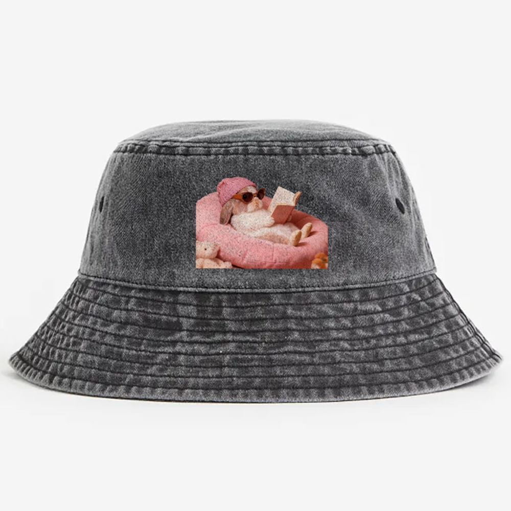 Bunny Bookish Rabbit Retro Vintage Washed Bucket Hat
