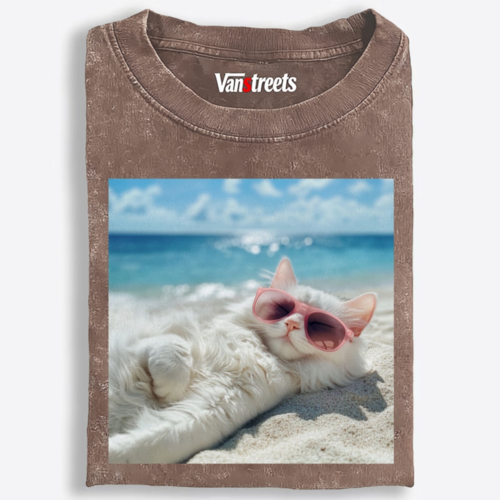 Lazy Beach Cat Sunbathing Washed T-Shirt | 100% Cotton | Streetwear Essential