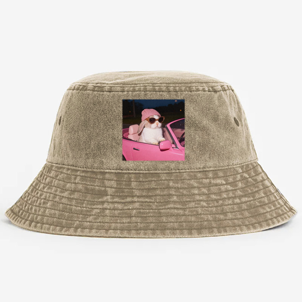 Pink Sports Car Cool Rabbit Retro Vintage Washed Bucket Hat