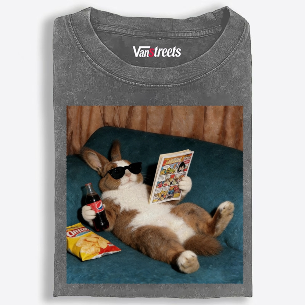 Laid-Back Bunny Comic & Snacks Washed T-Shirt | 100% Cotton | Streetwear Essential