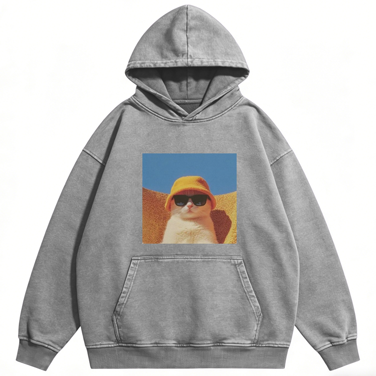 Cool Cat In Yellow Bucket Hat Streetwear Retro Washed Hoodie