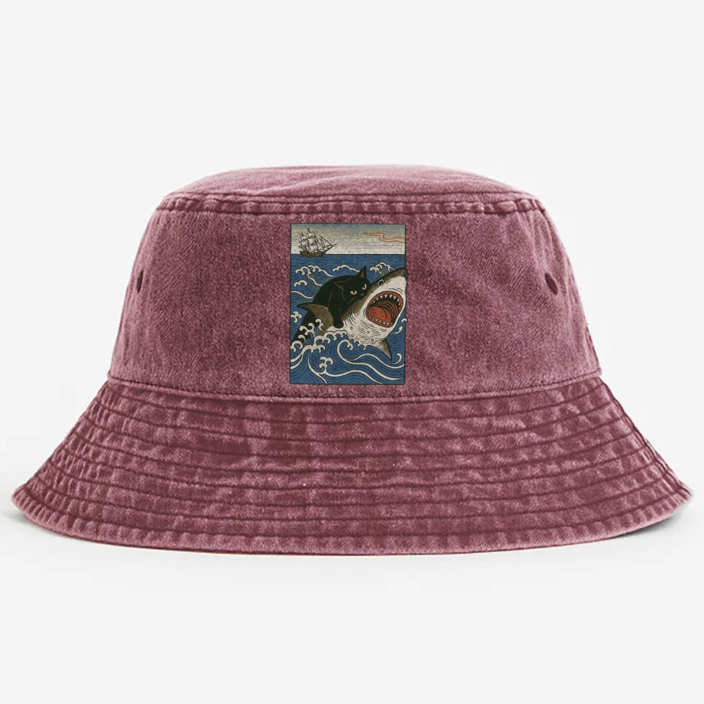 Ukiyo-e Cat Riding Shark Retro Vintage Washed Bucket Hat