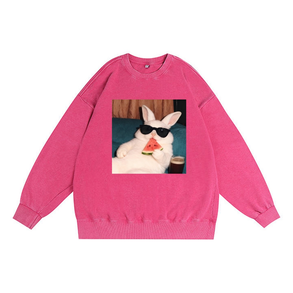 Rabbit Eating Watermelon Sunglasses Retro Premium Washed Cotton Crewneck Sweatshirt