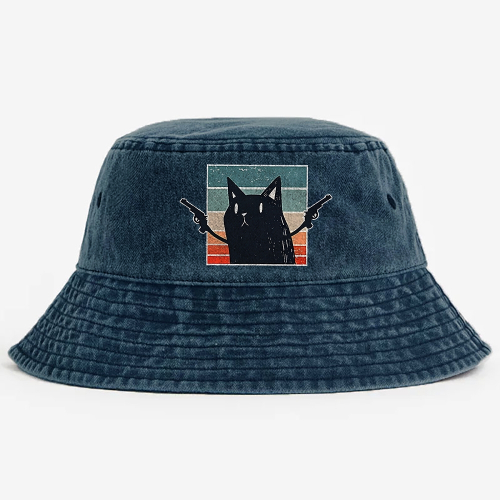 "Pew Pew Madafakas" Black Cat Retro Vintage Washed Bucket Hat