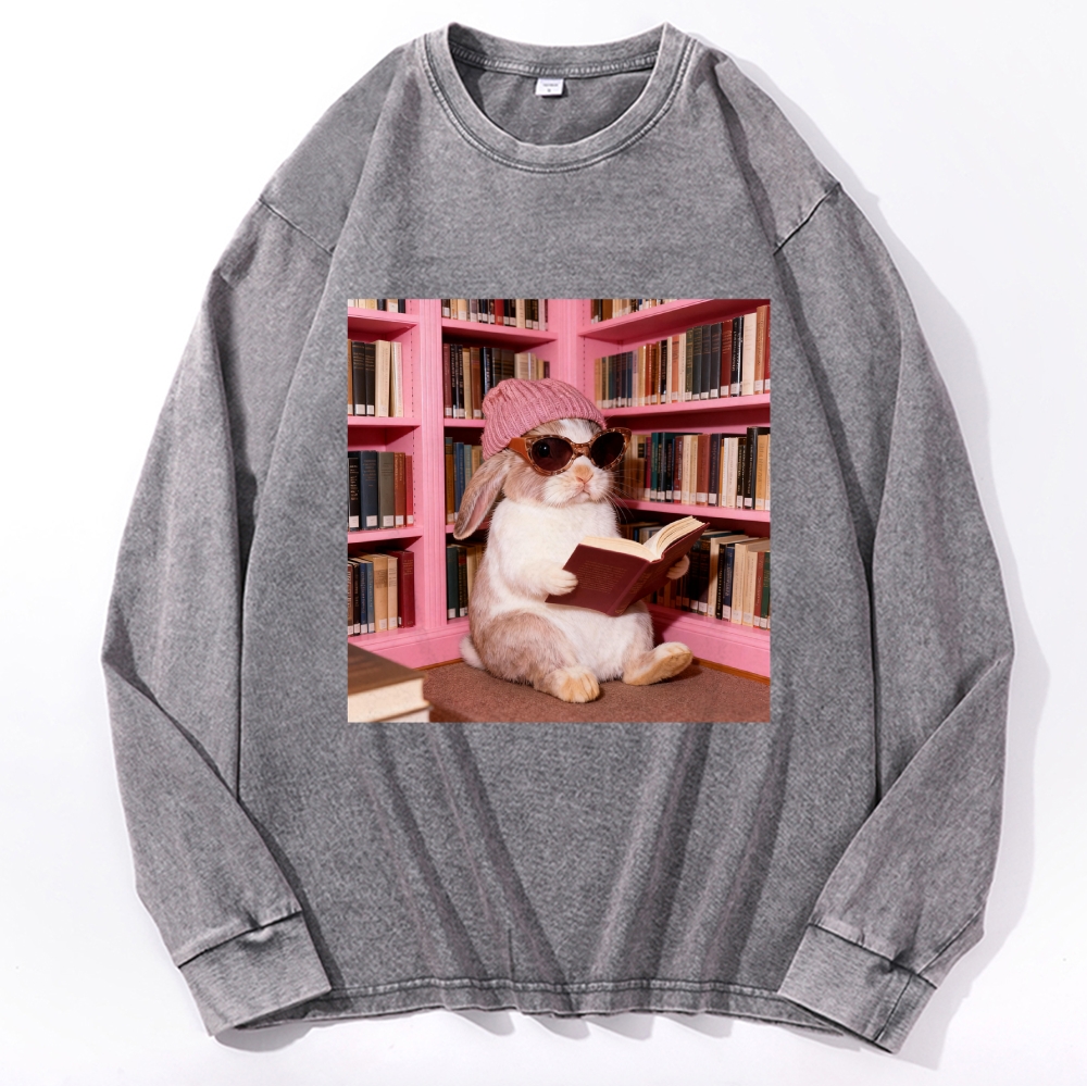 Bunny Bookish Rabbit Retro Washed Long Sleeve T-Shirt