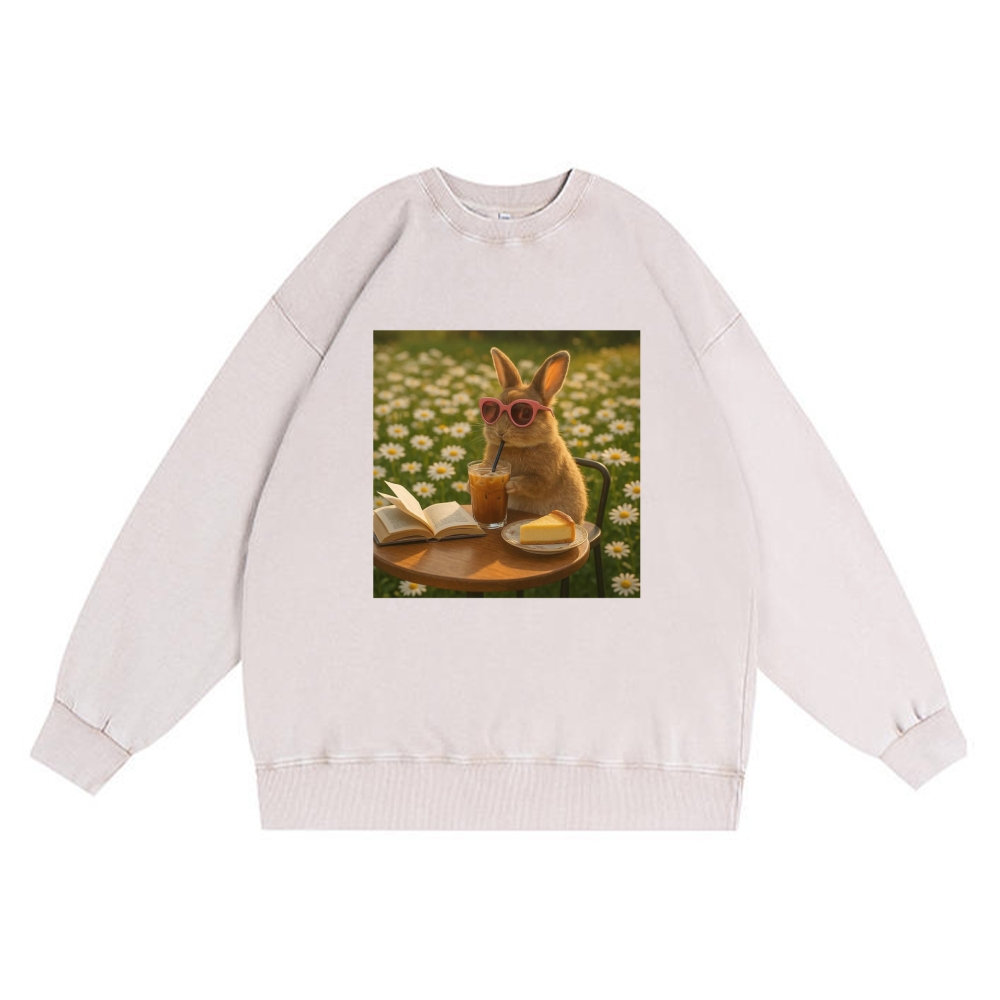 Daisy Afternoon Tea Bunny Meme Retro Premium Washed Cotton Crewneck Sweatshirt