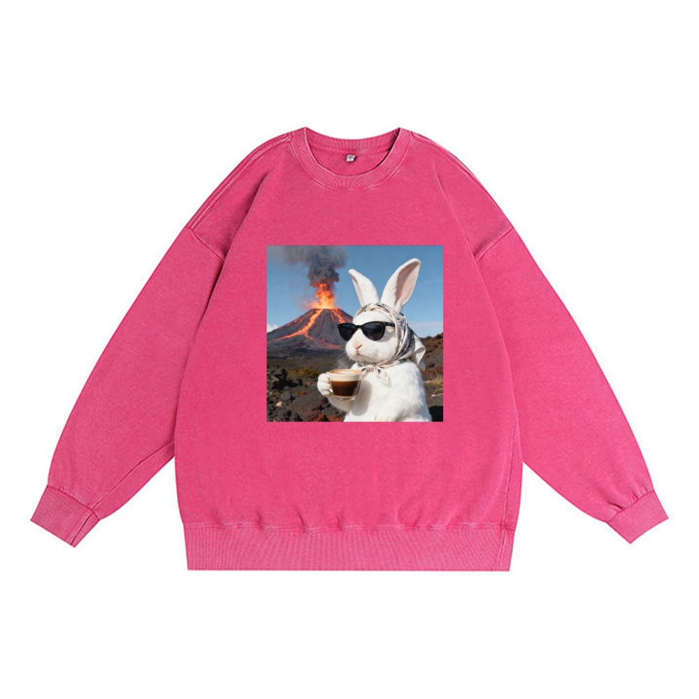 Volcano Coffee Bunny Retro Premium Washed Cotton Crewneck Sweatshirt