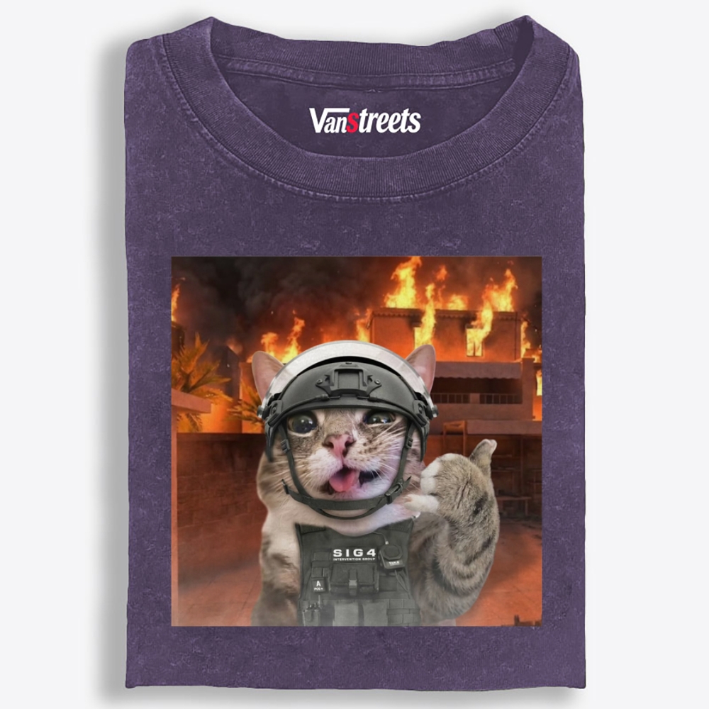 Tactical Cat In Fire Meme Retro Washed T-Shirt | 100% Cotton | Streetwear Essential