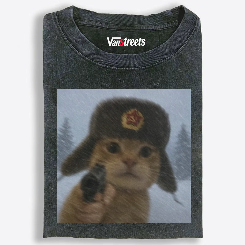 Soviet Ushanka Cat Retro Washed T-Shirt | 100% Cotton | Streetwear Essential