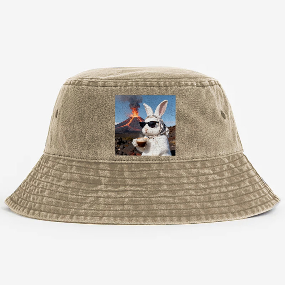 Volcano Coffee Bunny Retro Vintage Washed Bucket Hat