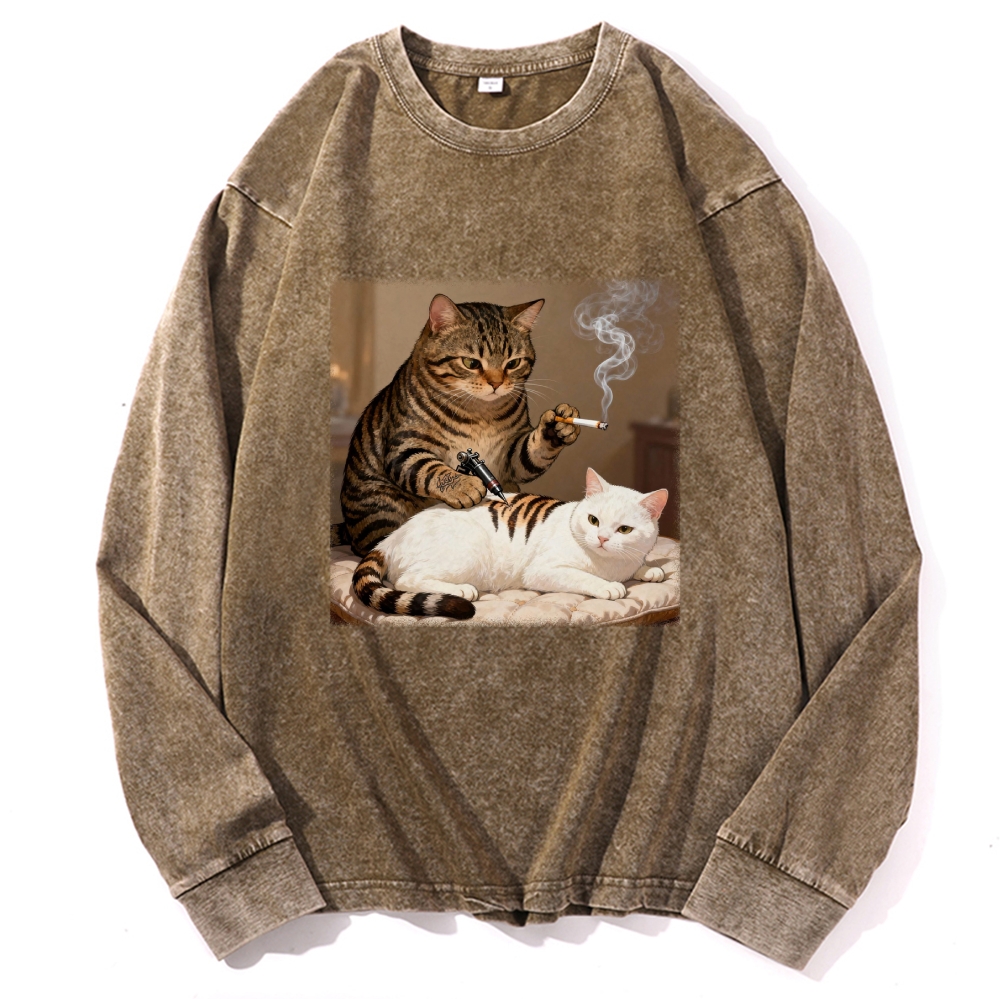 Cat Tattoo Artist Retro Washed Long Sleeve T-Shirt