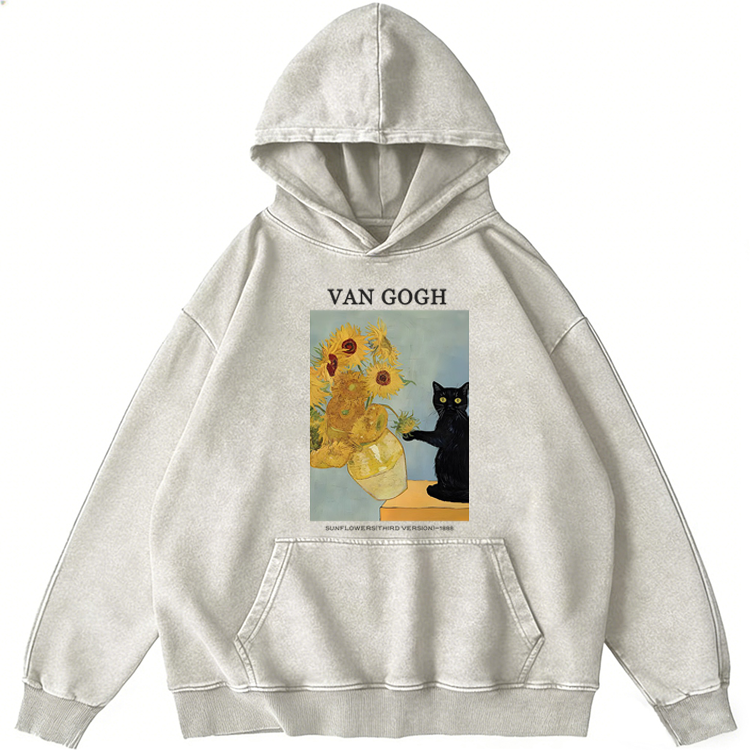 Playful Cat Meets Van Gogh Sunflowers Retro Washed Hoodide