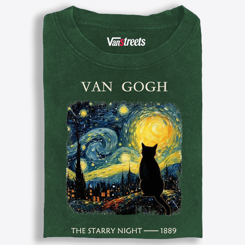 Van Gogh Starry Night Cat Retro Washed T-Shirt | 100% Cotton | Streetwear Essential