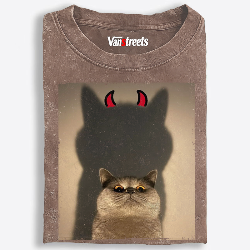 Demon Shadow Cat Meme Retro Washed T-Shirt | 100% Cotton | Streetwear Essential