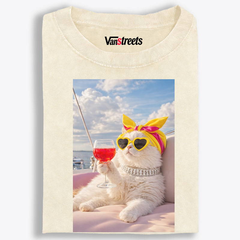 Yacht Cat's Sunset Chill Washed T-Shirt | 100% Cotton | Streetwear Essential