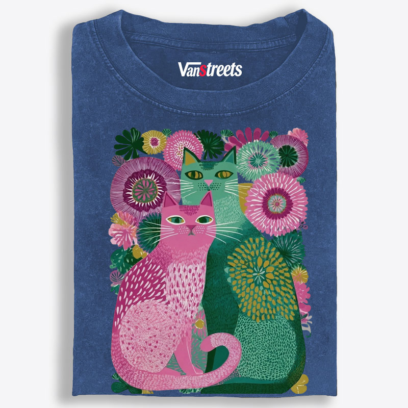 Floral Cats Retro Washed T-Shirt | 100% Cotton | Streetwear Essential