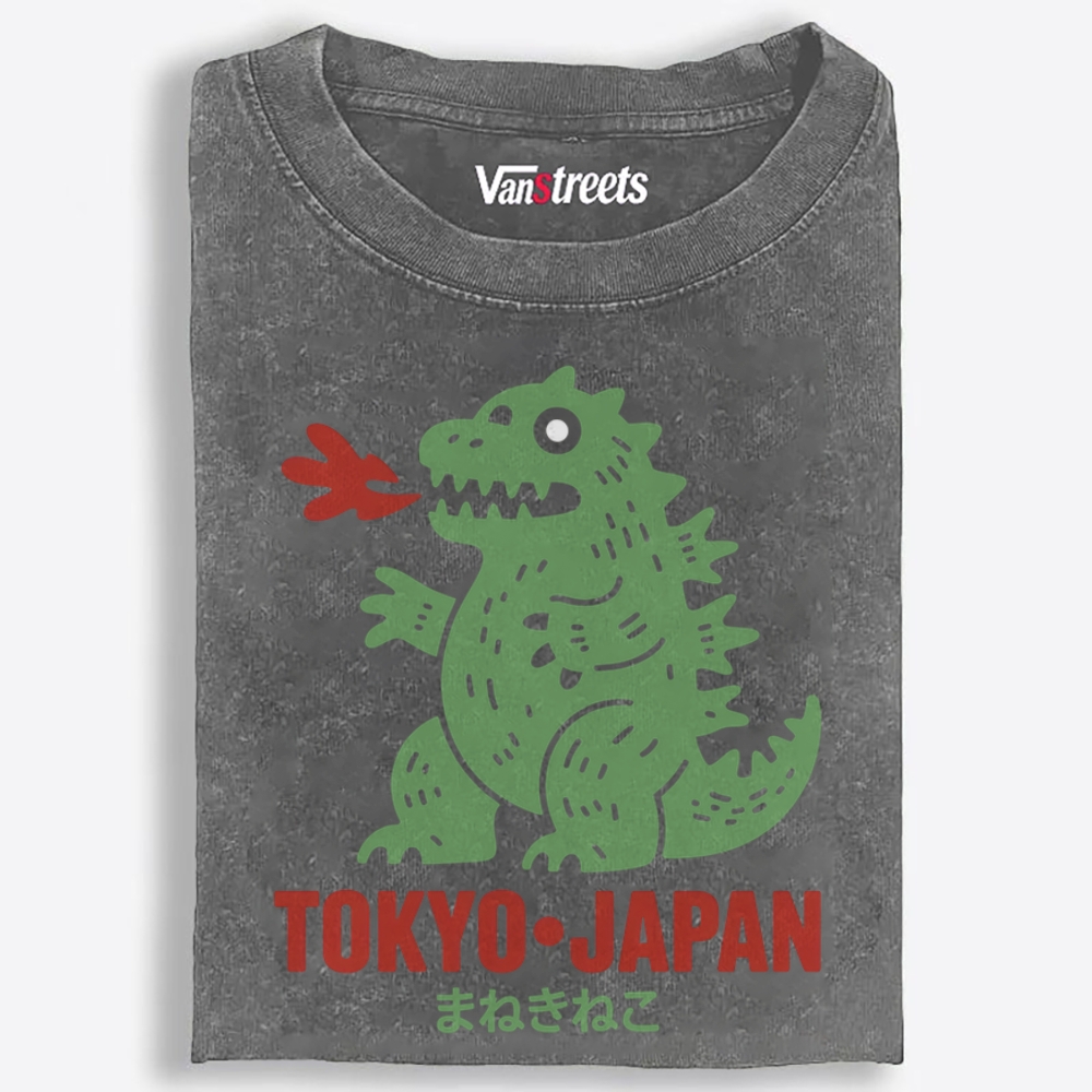 Maneki Neko Godzilla Tokyo Retro Washed T-Shirt | 100% Cotton | Streetwear Essential