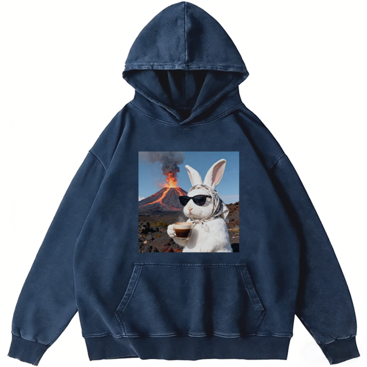 Volcano Coffee Rabbit Retro Washed Hoodide | 100% Cotton | Streetwear Essential