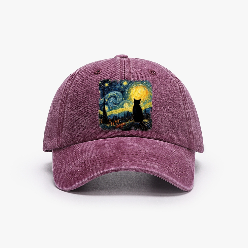 Van Gogh Starry Night Cat Retro Washed Baseball Cap