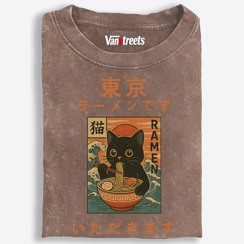 Tokyo Ramen Cat Retro Washed T-Shirt | 100% Cotton | Streetwear Essential