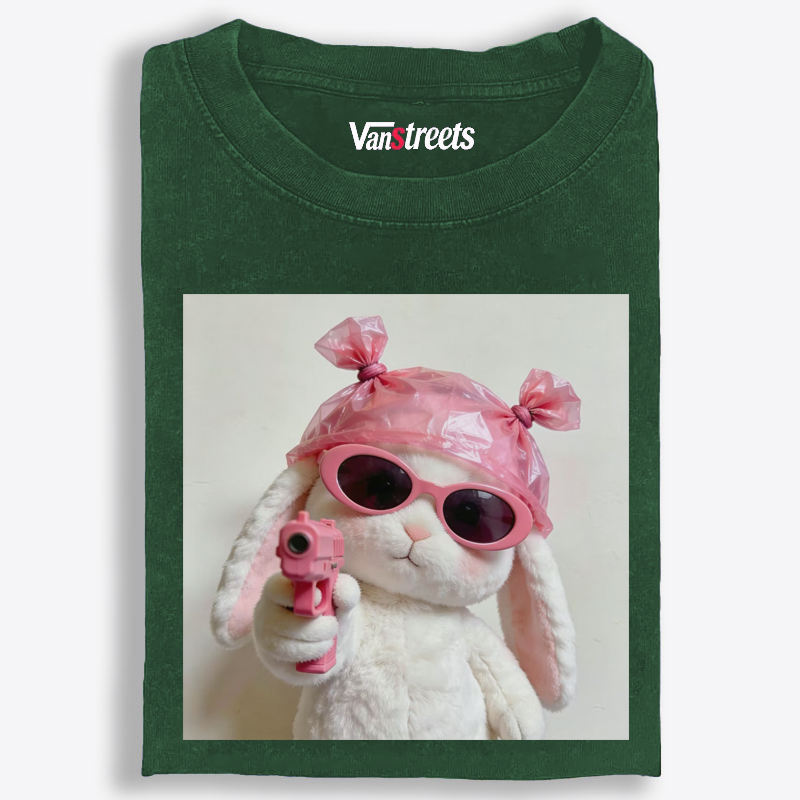 Pink Gun Gangsta Bunny Meme Retro Washed T-Shirt | 100% Cotton | Streetwear Essential
