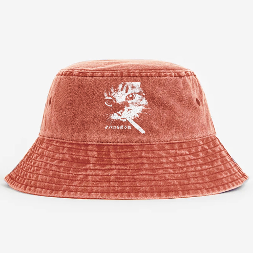 Rebel Smoker Cat Rebel Smoker CatRetro Vintage Washed Bucket Hat