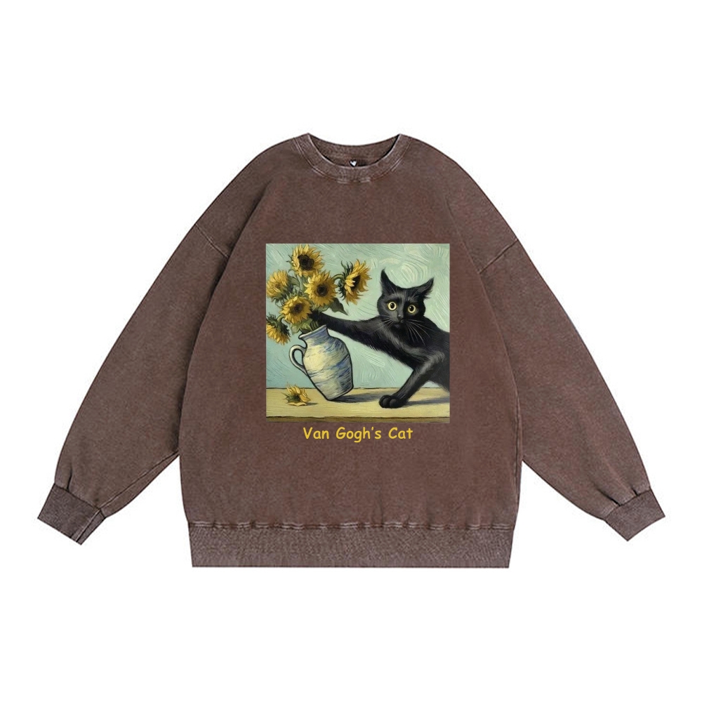 Van Gogh's Cat with Sunflowers Retro Premium Washed Cotton Crewneck Sweatshirt