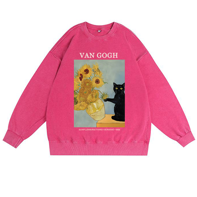 Playful Cat Meets Van Gogh Sunflowers Retro Premium Washed Cotton Crewneck Sweatshirt