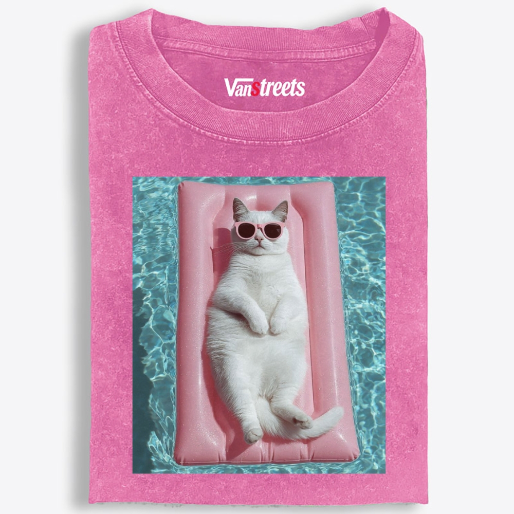 White Cat On Pink Pool Float Meme Retro Washed T-Shirt | 100% Cotton | Streetwear Essential