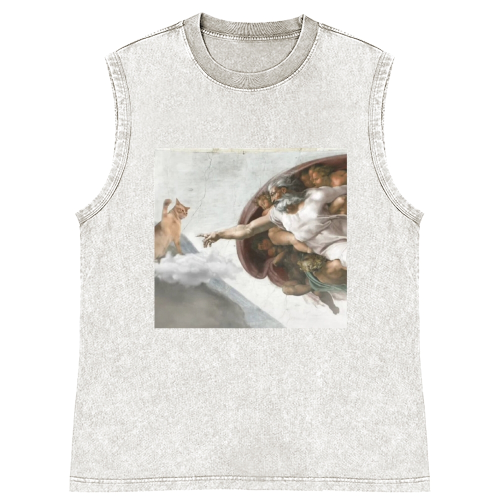 Cat Parody of "The Creation of Adam" Art Retro Washed Tank Top