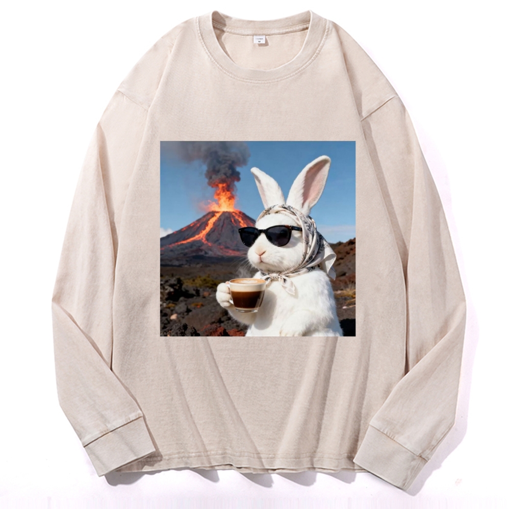 Volcano Coffee Bunny Retro Washed Long Sleeve T-Shirt