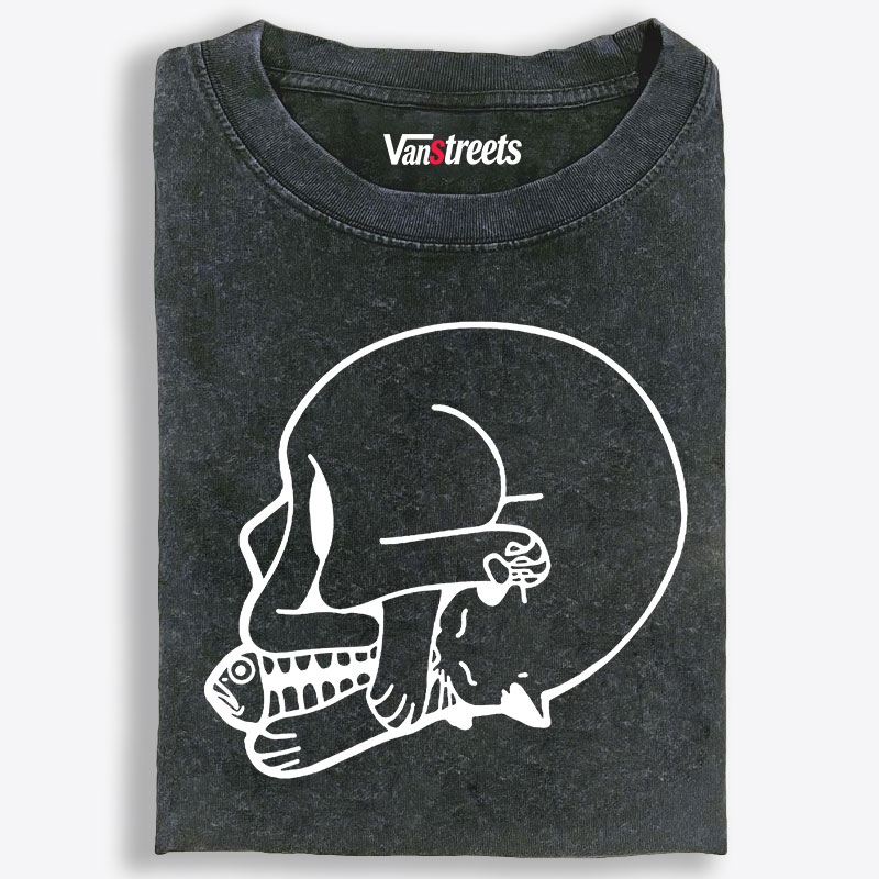 Cat Fish Skull Minimalist Line Art Retro Washed T-Shirt | 100% Cotton | Streetwear Essential