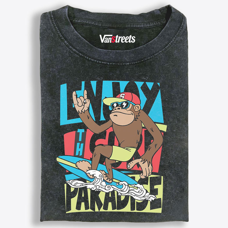 Surfing Monkey Paradise Retro Washed T-Shirt | 100% Cotton | Streetwear Essential