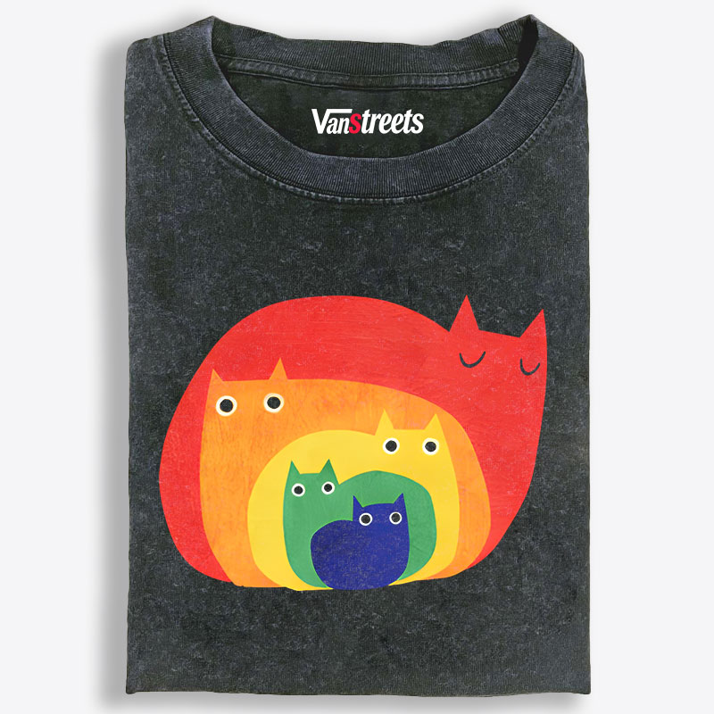Rainbow Gradient Cat Geometric Art Retro Washed T-Shirt | 100% Cotton | Streetwear Essential